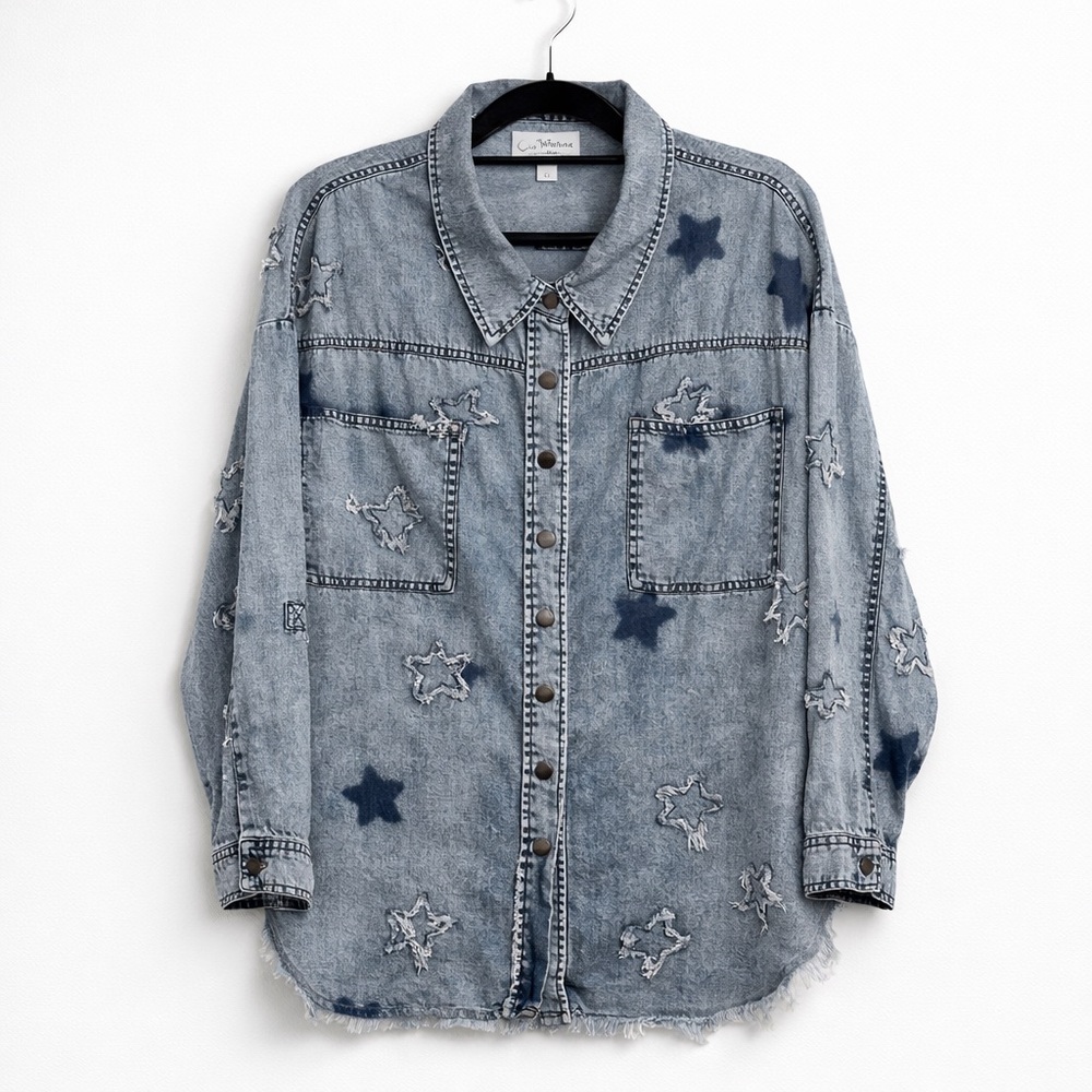 Denim Star-Patterned Button Down Shirt - image 1